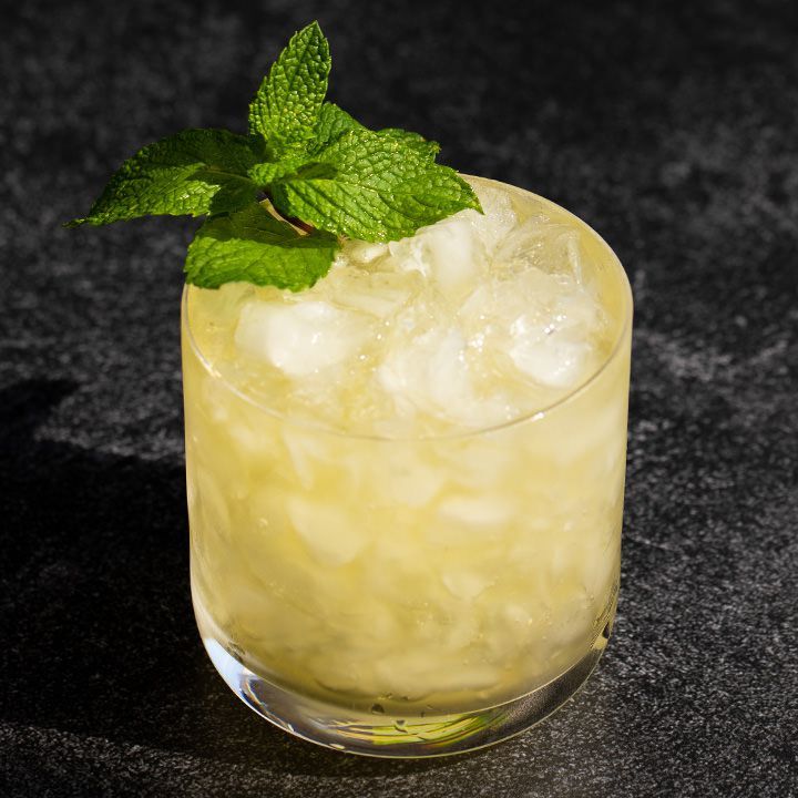 Um copo duplo antigo é preenchido com gelo picado e um julep em tons de âmbar. Um único raminho de hortelã enfeita a bebida.